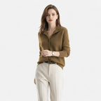 Driftly knit stand-collar short coat in deep olive camel, worn by model