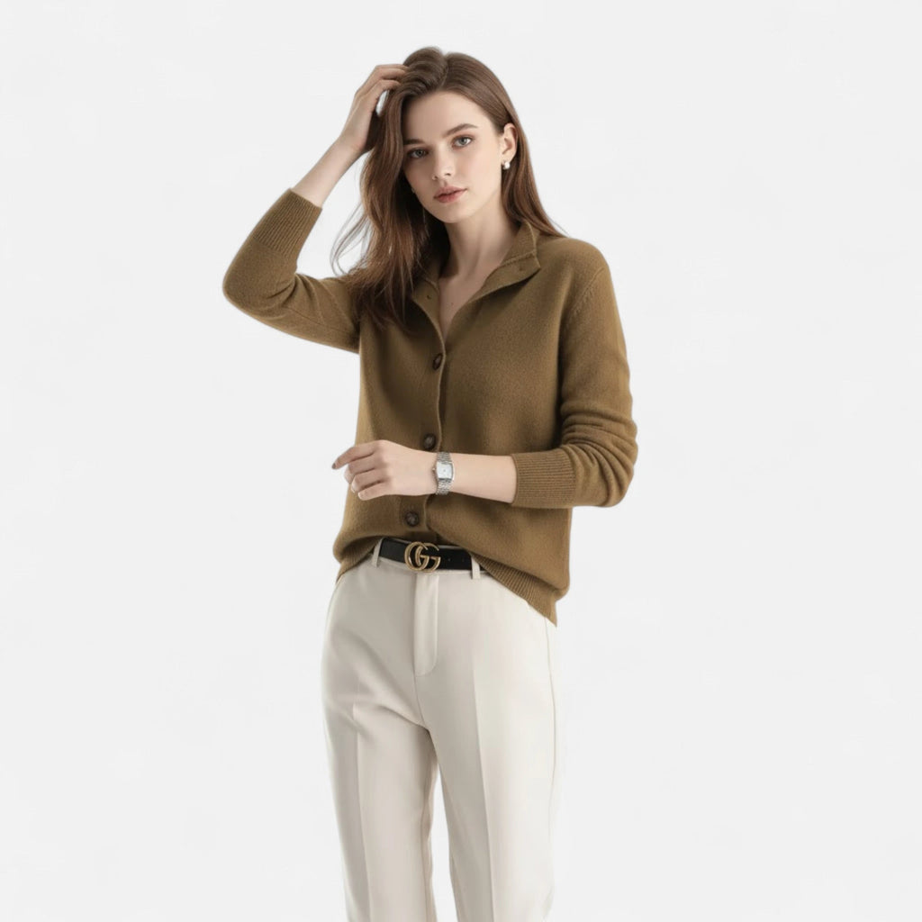 Driftly knit stand-collar short coat in deep olive camel, styled front view