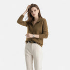 Driftly knit stand-collar short coat in deep olive camel, styled front view