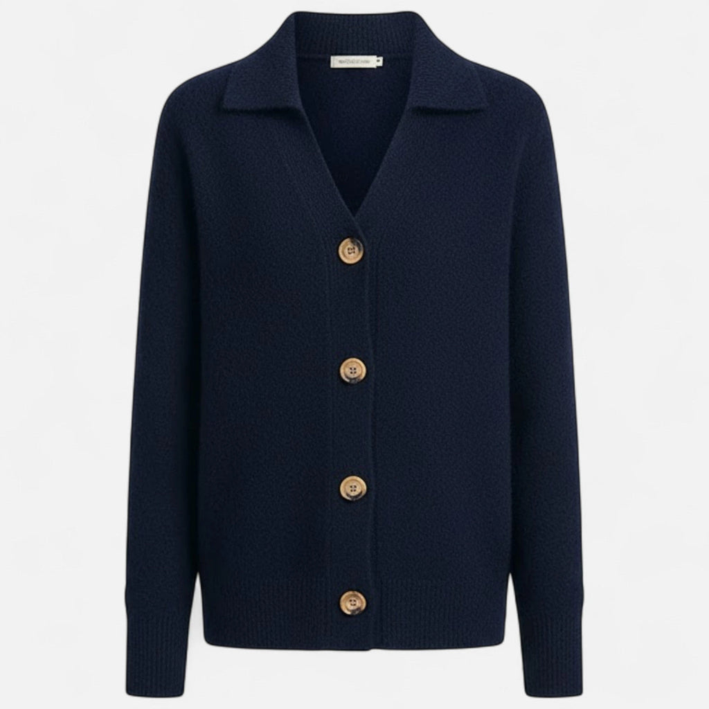 Driftly knit stand-collar short coat in navy blue, flat lay