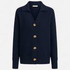 Driftly knit stand-collar short coat in navy blue, flat lay
