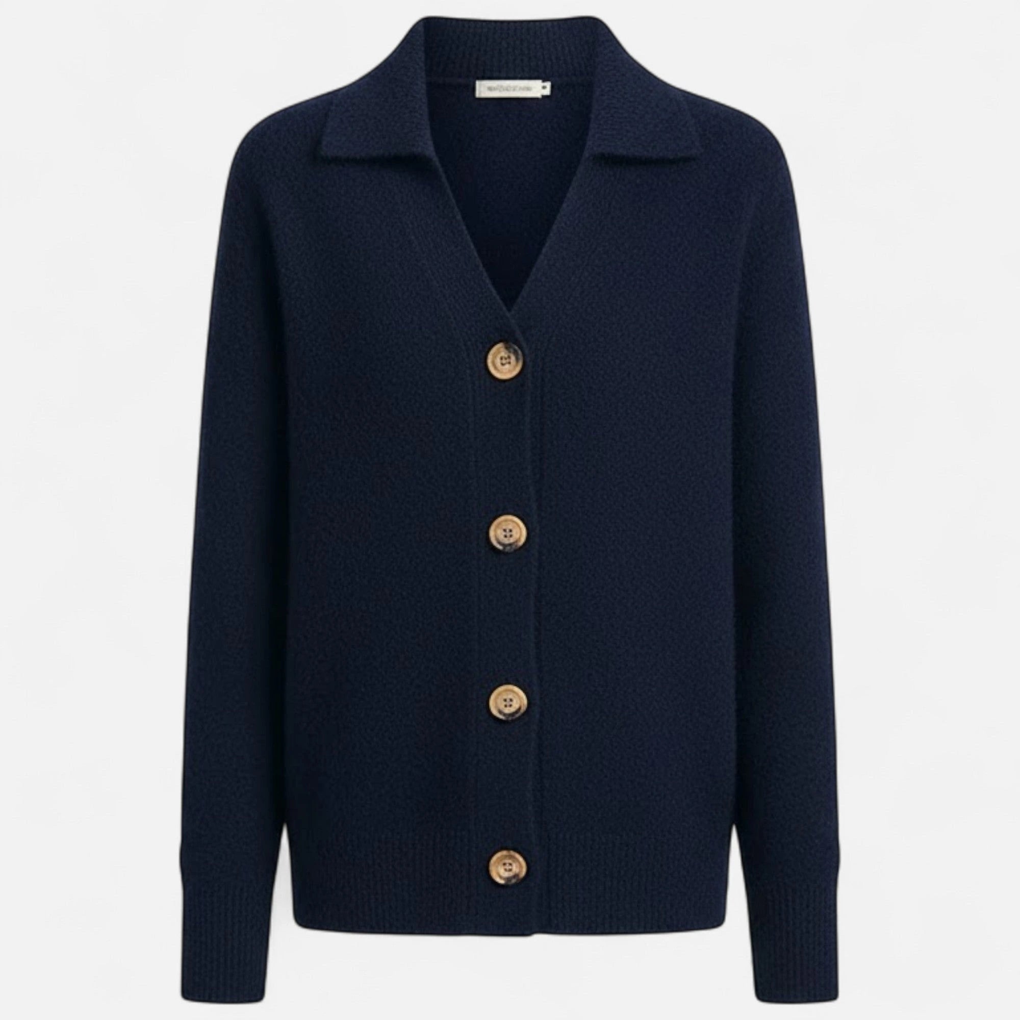 Driftly knit stand-collar short coat in navy blue, flat lay