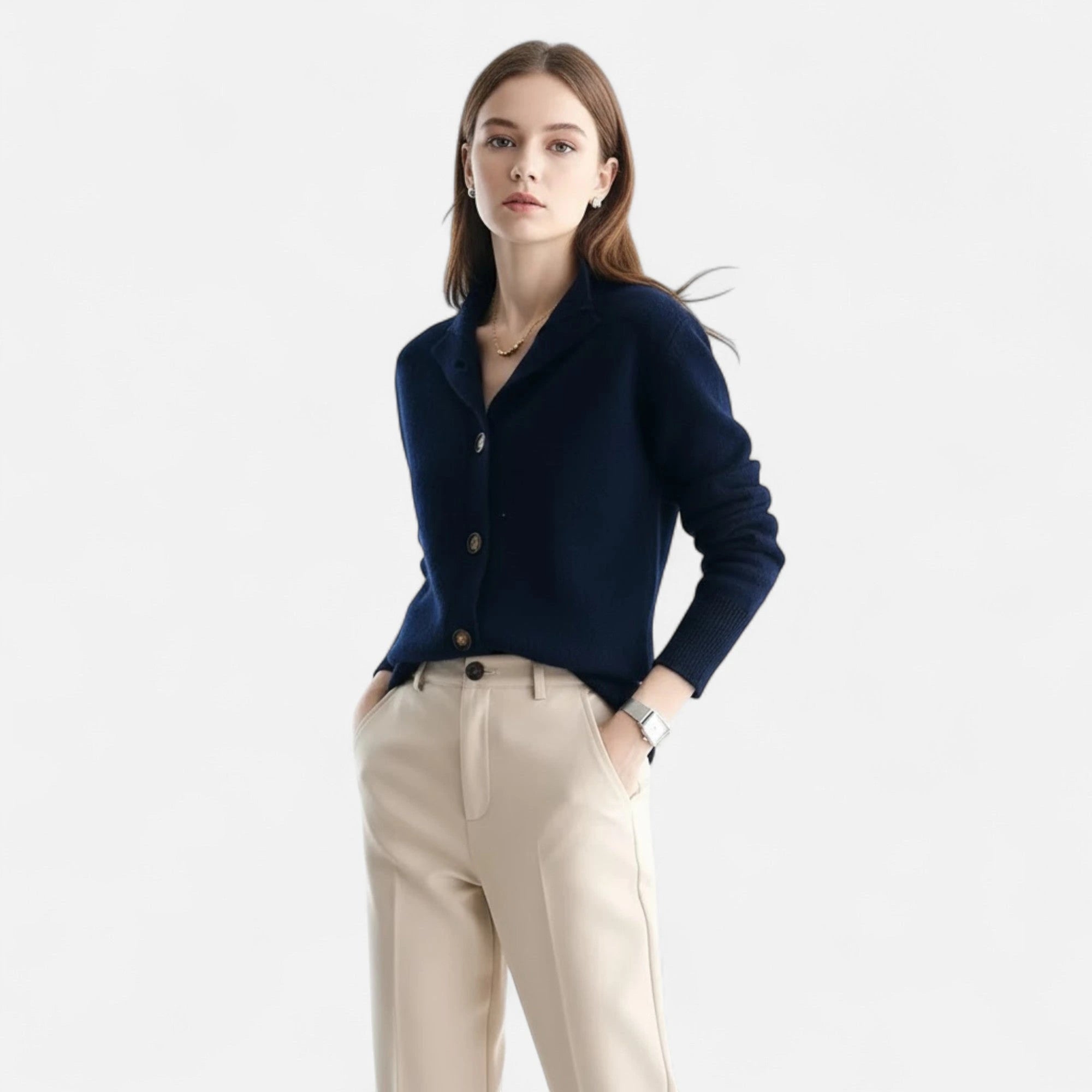 Driftly knit stand-collar short coat in navy blue, styled front view