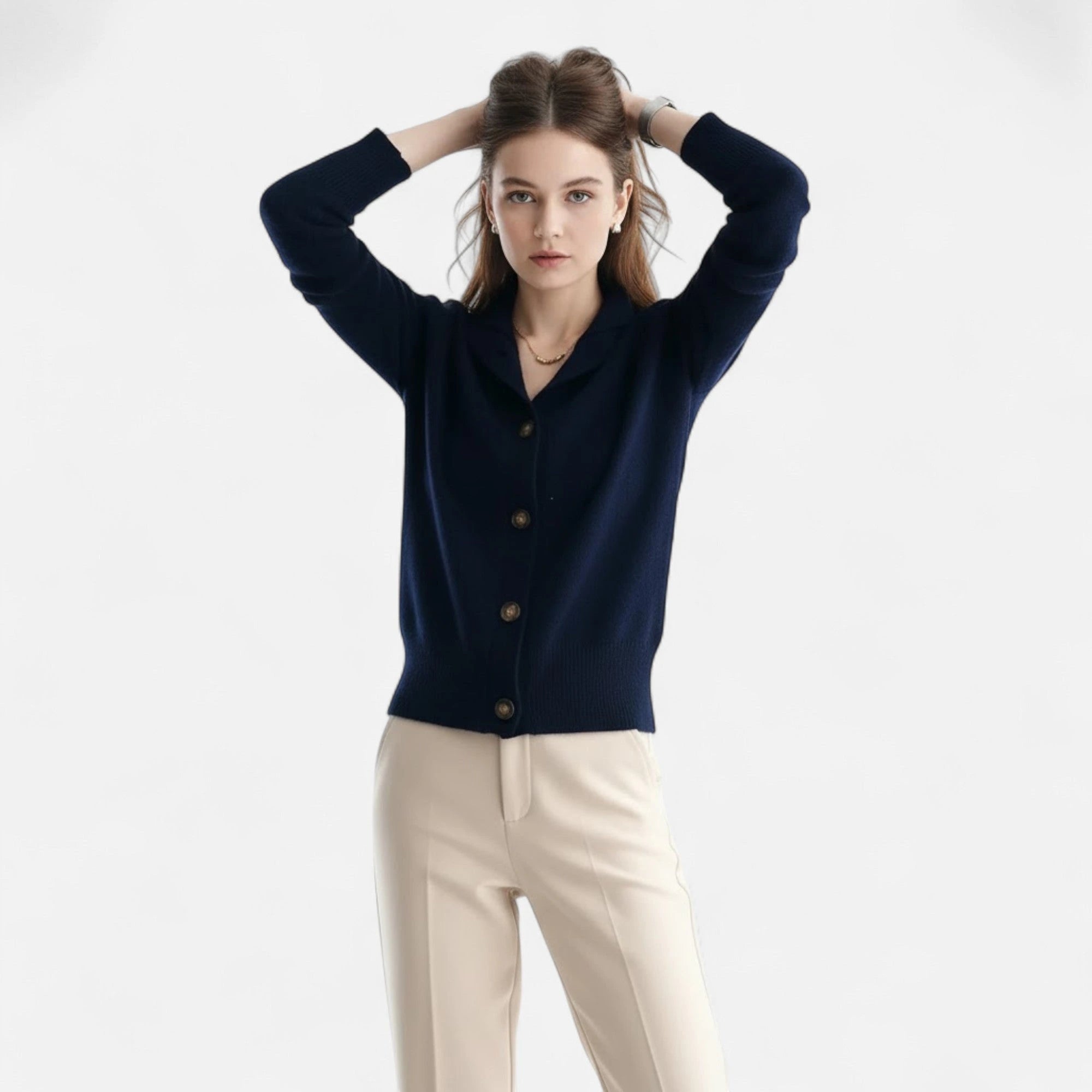 Driftly knit stand-collar short coat in navy blue, side view