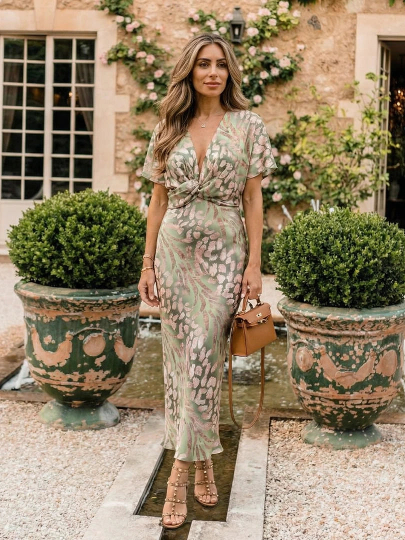 Woman wearing a gold abstract print v-neck twist-waist midi dress - editorial style photo
