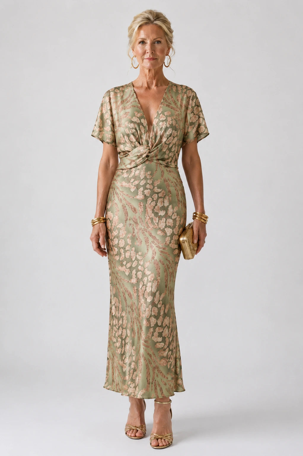 Woman wearing a green abstract print v-neck twist-waist midi dress - studio photo