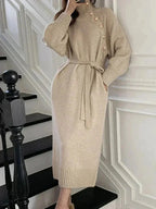 Beige turtleneck sweater dress with tie waist, front view