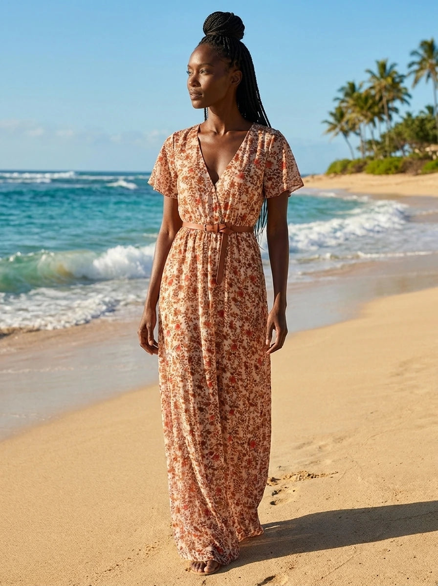 Woman wearing a rust and terracotta floral print boho maxi dress on a sunny beach