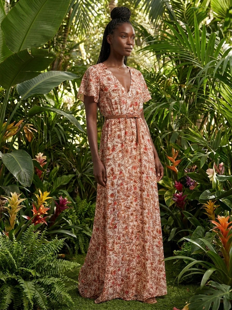 Woman wearing a rust and terracotta floral print boho maxi dress in a tropical garden