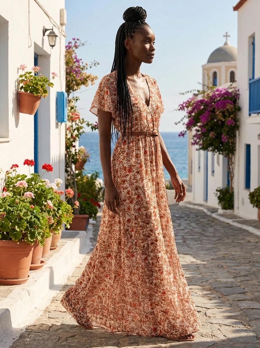 Woman wearing a rust and terracotta floral print boho maxi dress on a sunny Mediterranean street