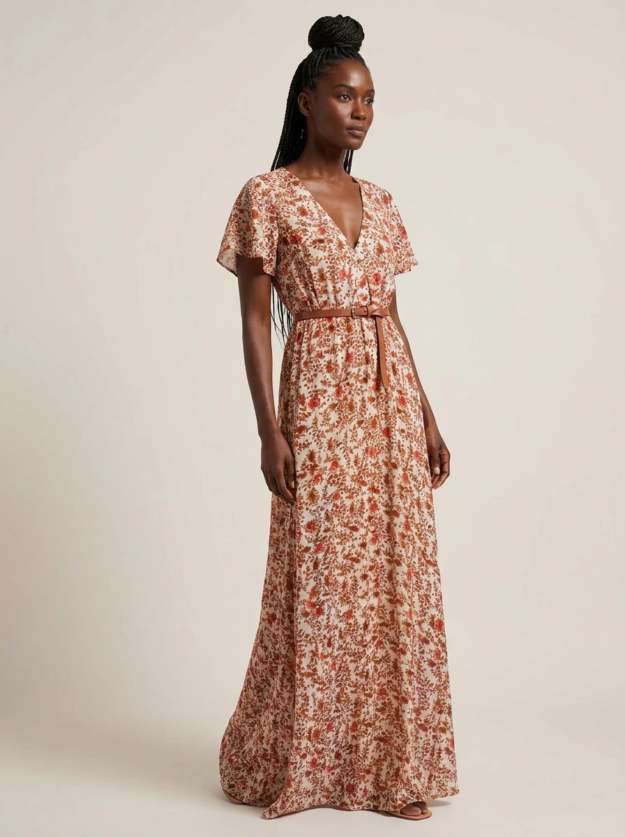 Woman wearing a rust and terracotta floral print boho maxi dress with flutter sleeves in a studio setting
