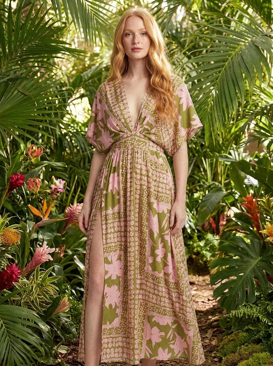 Woman wearing an olive green and pink floral print boho kaftan maxi dress in a tropical garden