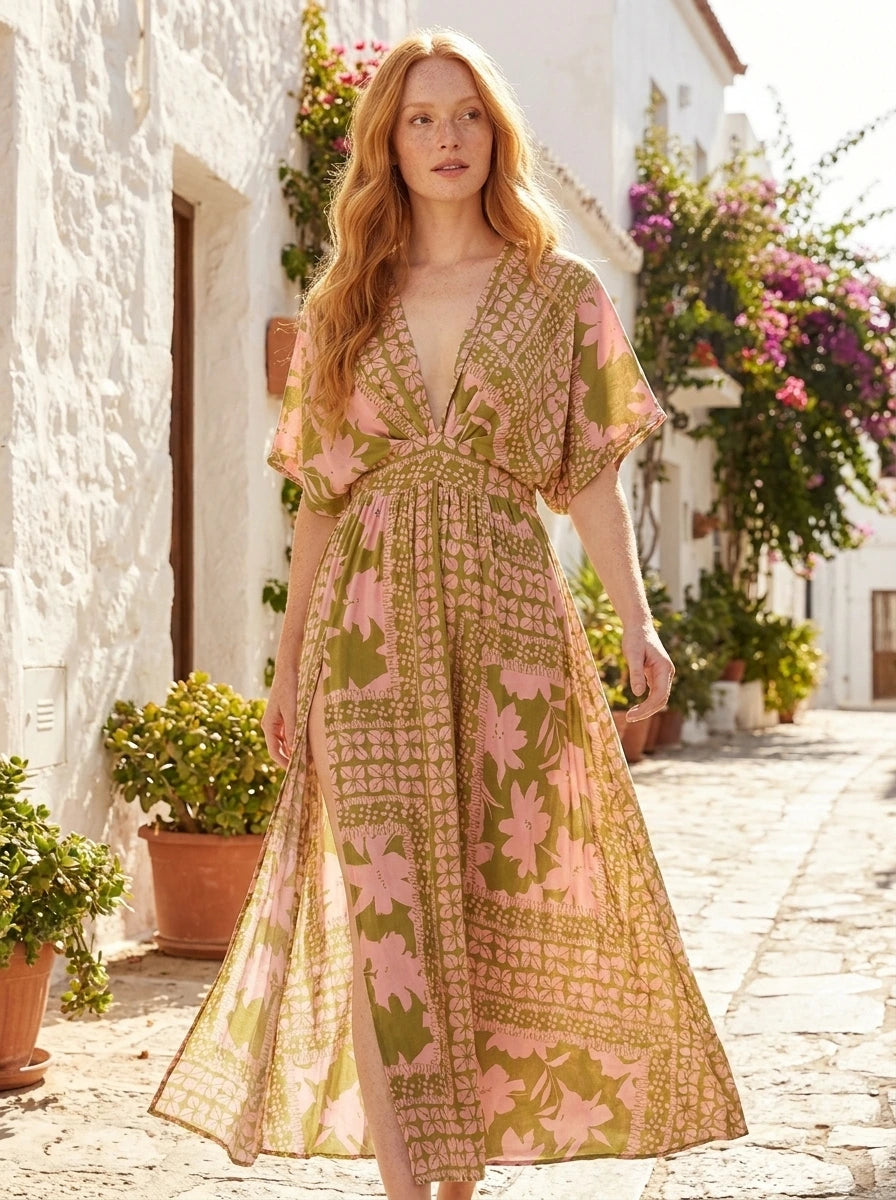 Woman wearing an olive green and pink floral print boho kaftan maxi dress on a sunny street