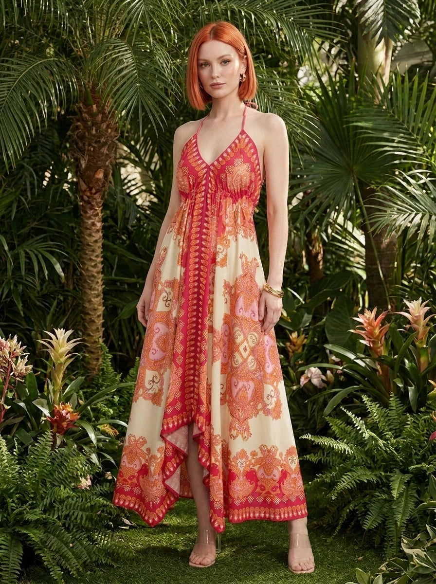 Woman wearing a red paisley print halter maxi dress in a tropical garden