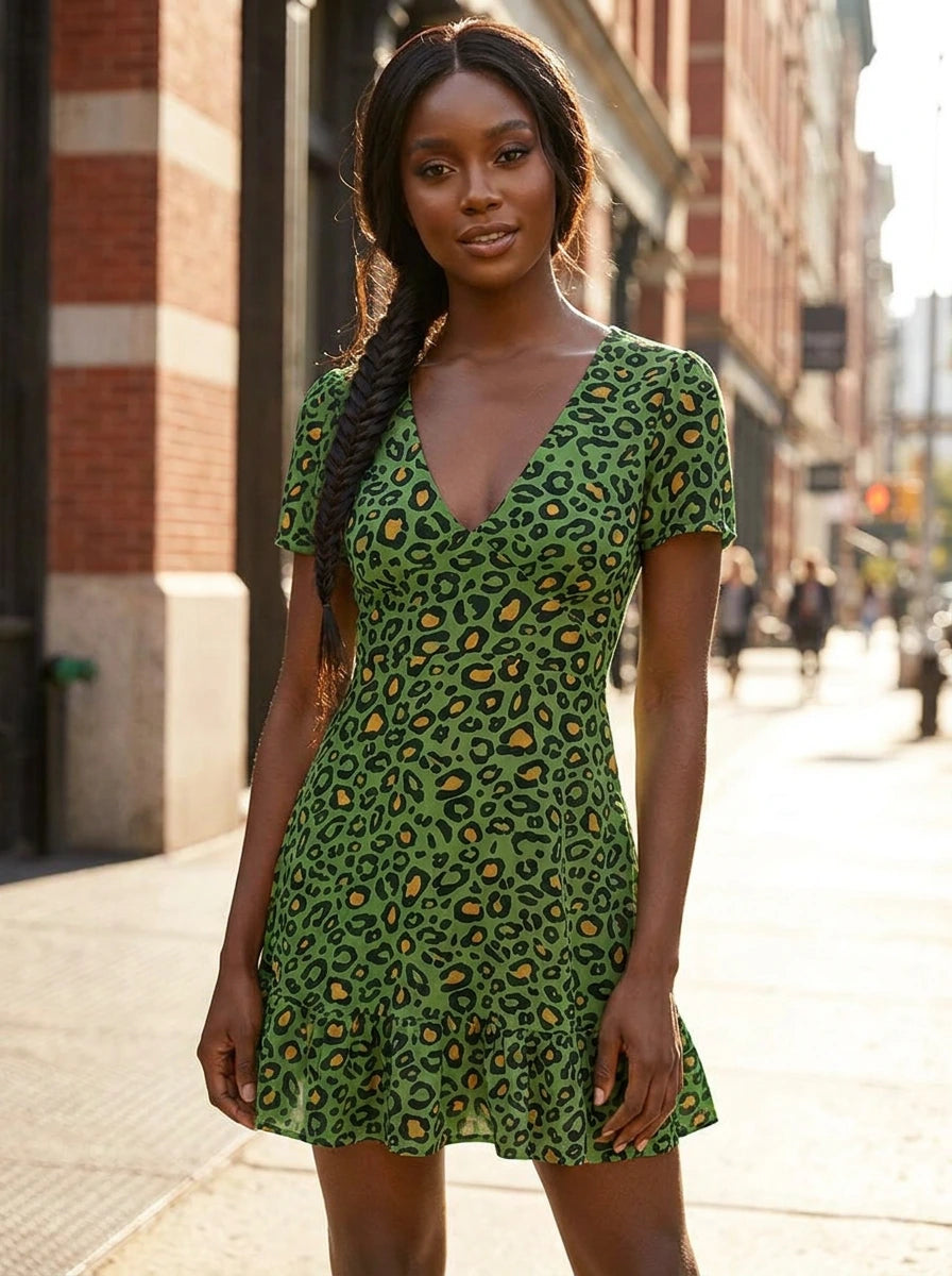 Woman wearing a green leopard print v-neck mini dress on a sunny city street