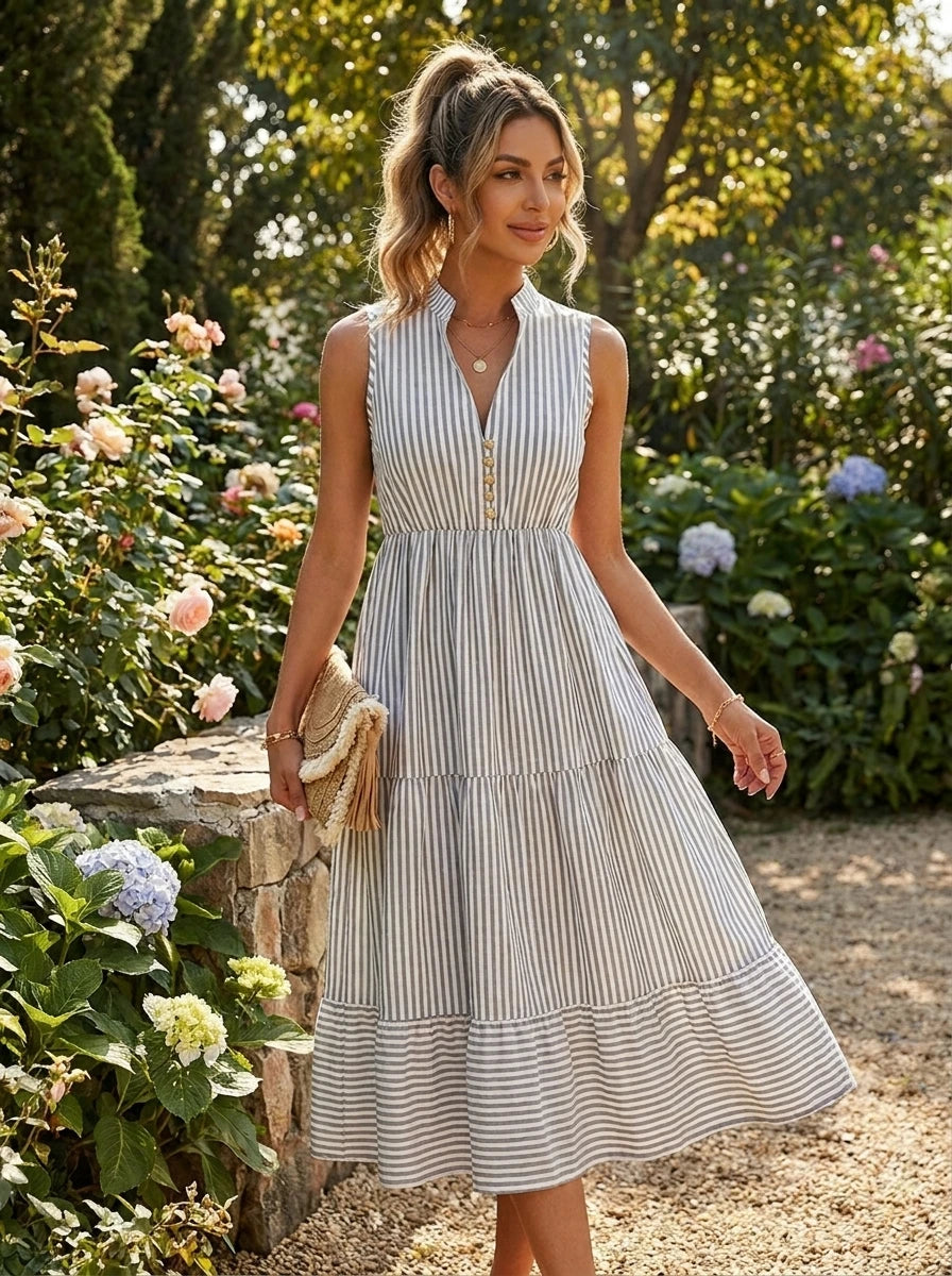 Woman wearing a white and grey pinstriped tiered midi dress in a sunlit garden