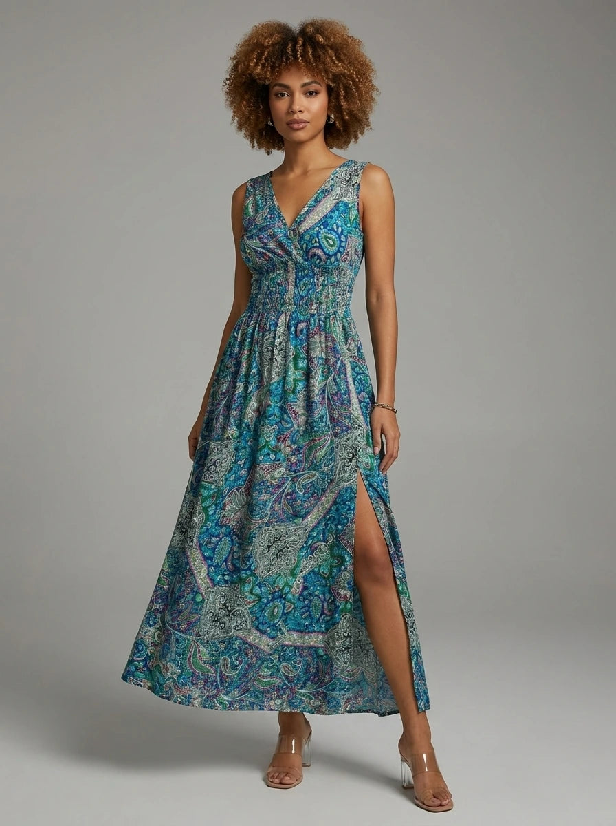 Woman wearing a teal and blue paisley print sleeveless maxi dress in a studio setting