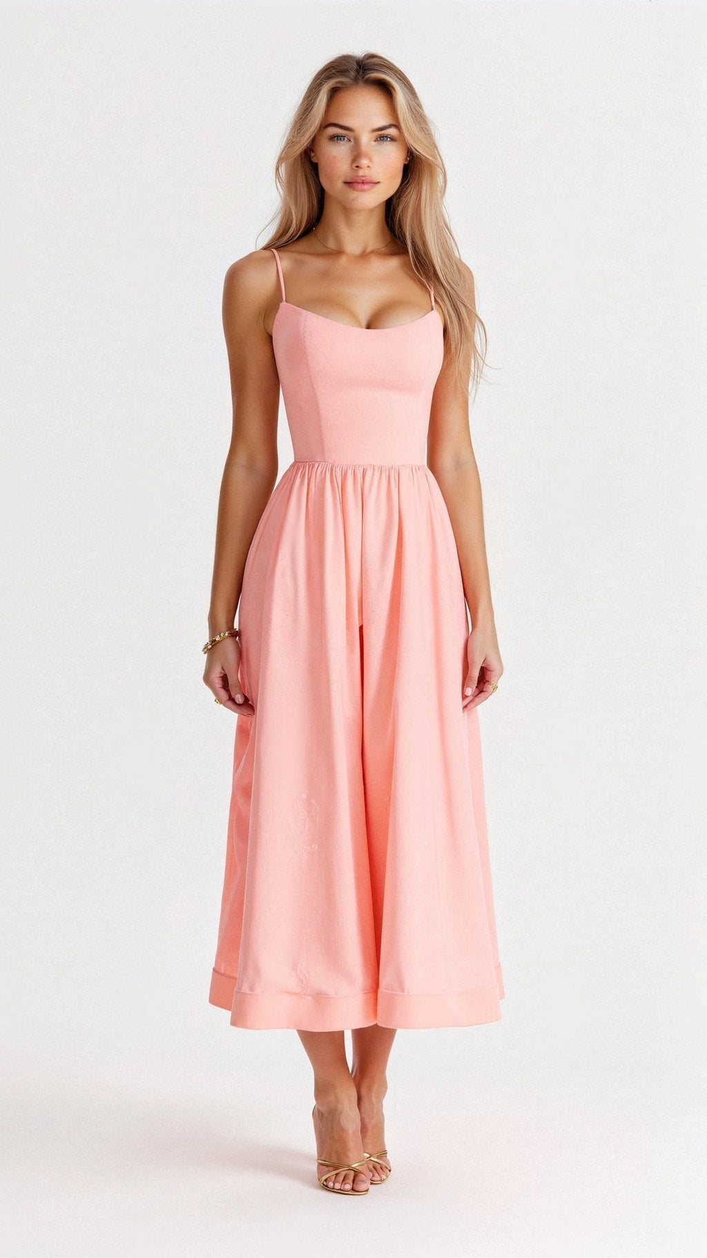 Woman wearing a pink classic midi dress - studio photo