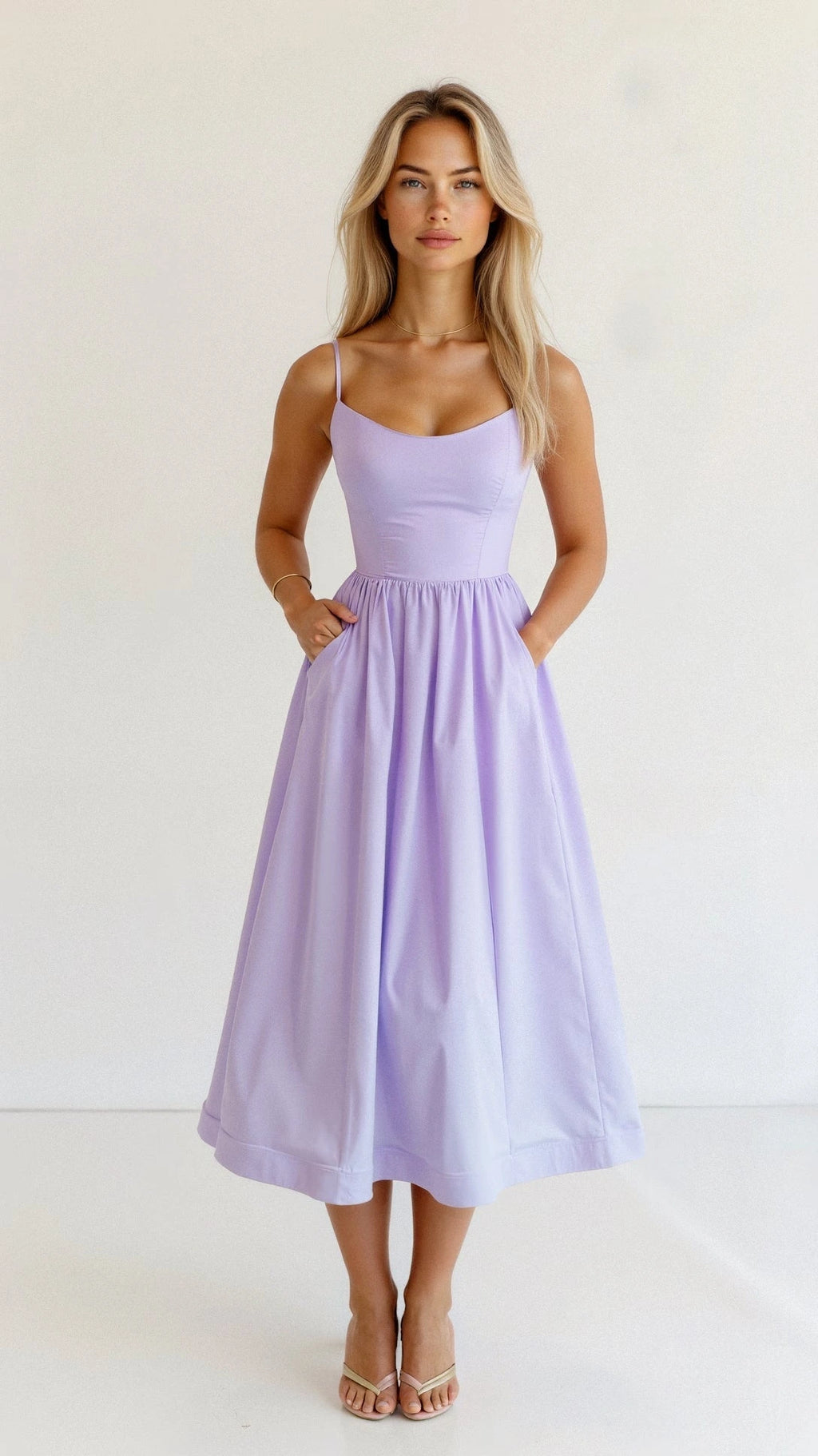 Woman wearing a purple classic midi dress - studio photo