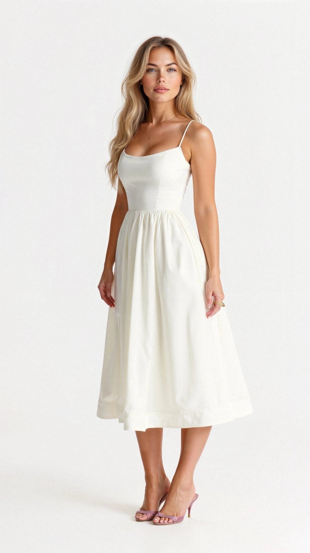 Woman wearing a white classic midi dress - studio photo