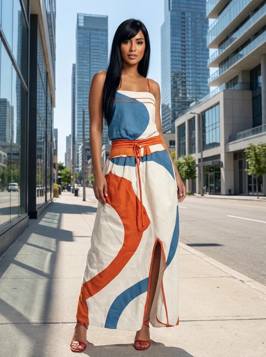 Woman wearing a white color-blocked strapless maxi dress on a city street