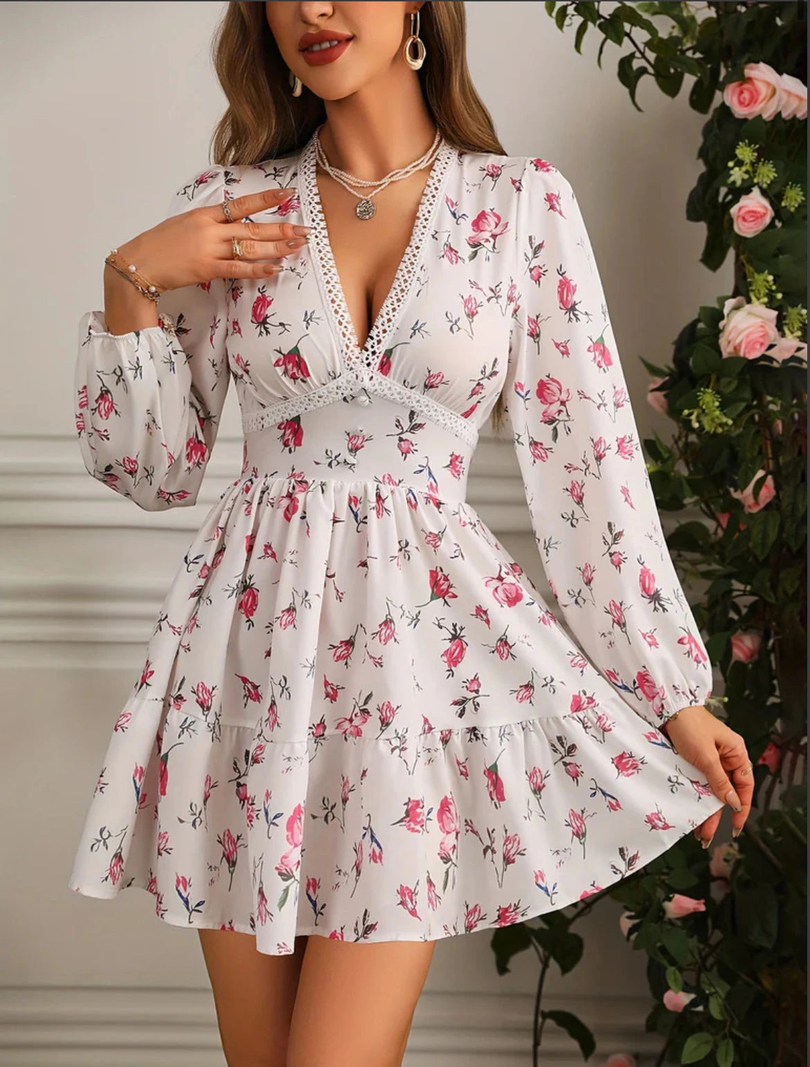 Woman wearing a pink crochet lace balloon sleeve mini dress - outdoor lifestyle photo