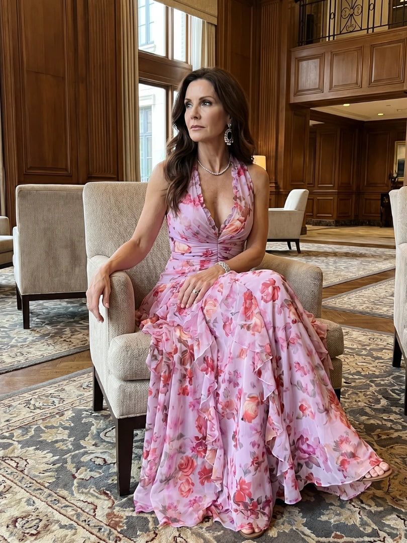 Woman wearing a pink floral halter neck ruched maxi dress - lifestyle photo