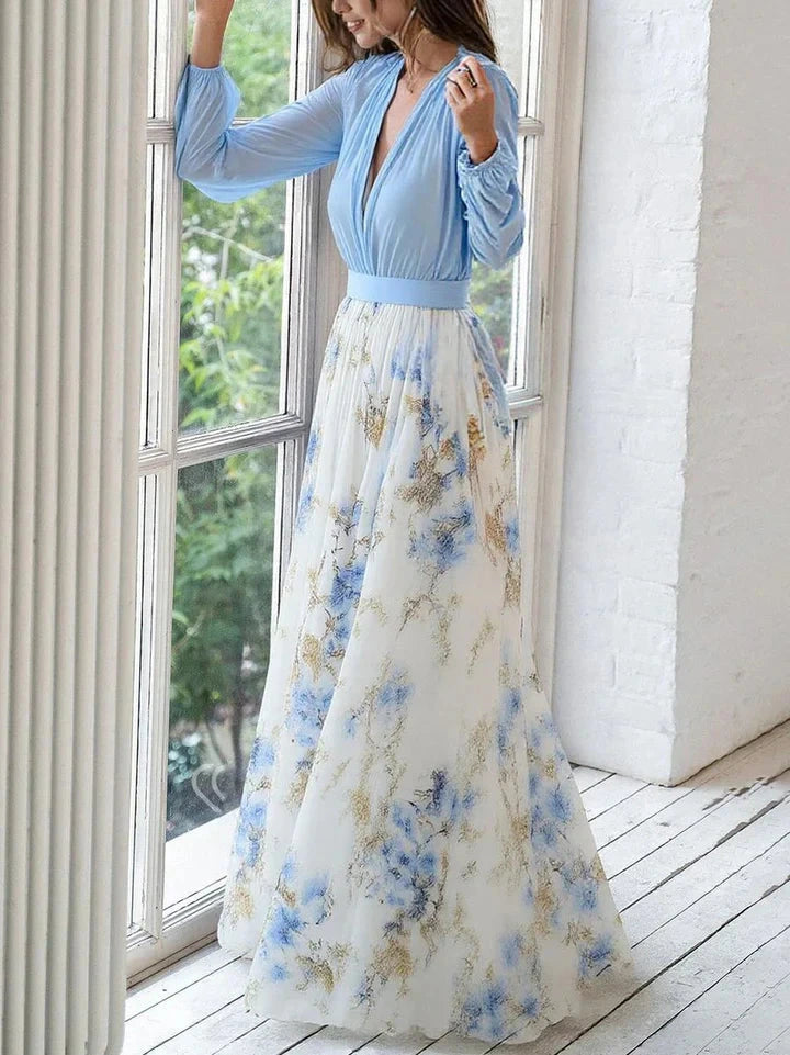 Woman wearing a sky blue floral sheer maxi dress - lifestyle photo