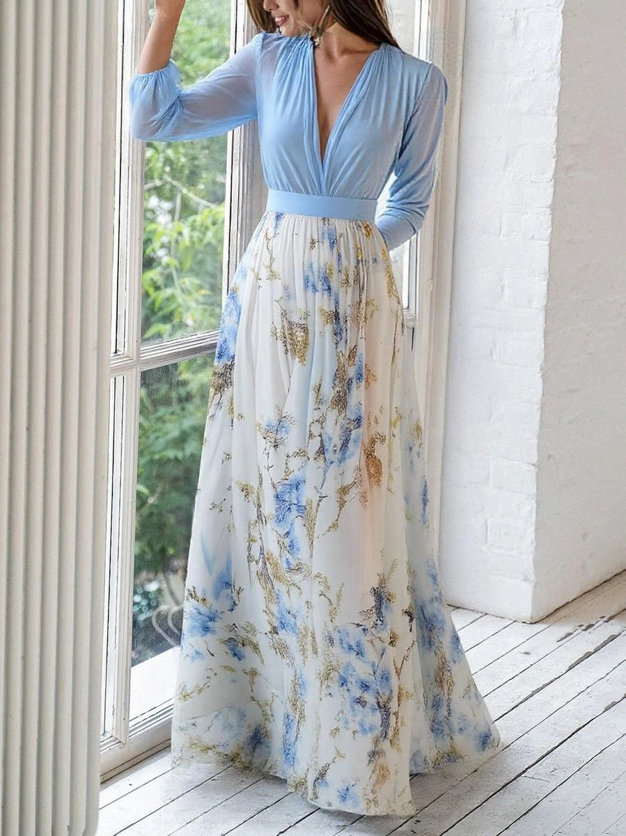Woman wearing a sky blue floral sheer maxi dress - lifestyle photo