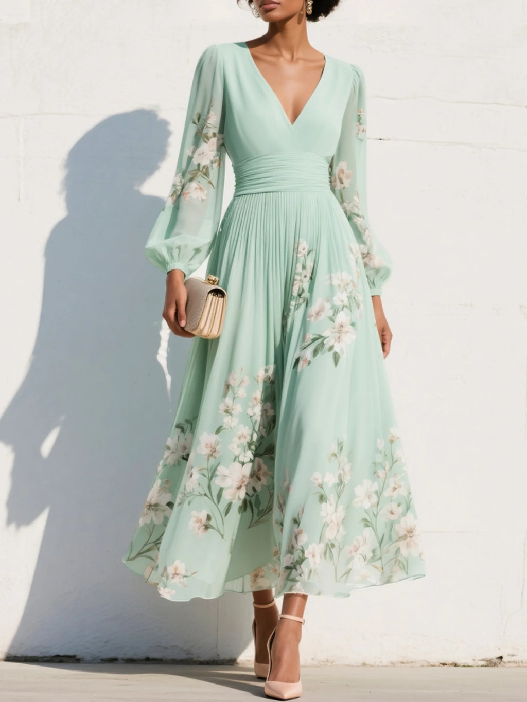 Woman wearing a light green floral v-neck chiffon midi dress - studio photo