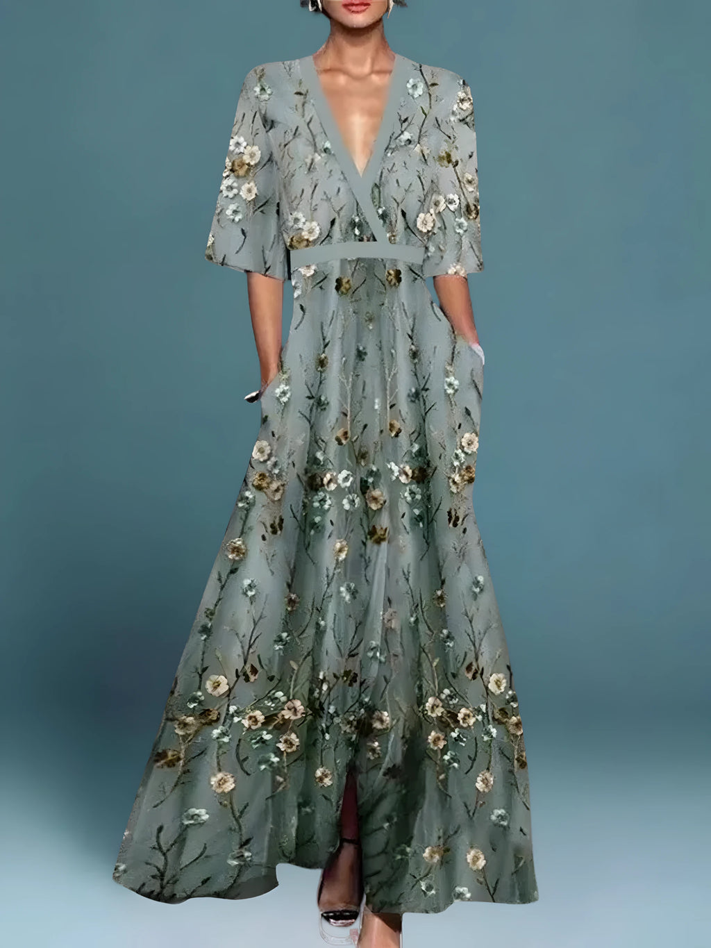 Woman wearing a green floral v-neck elegant dress - studio photo