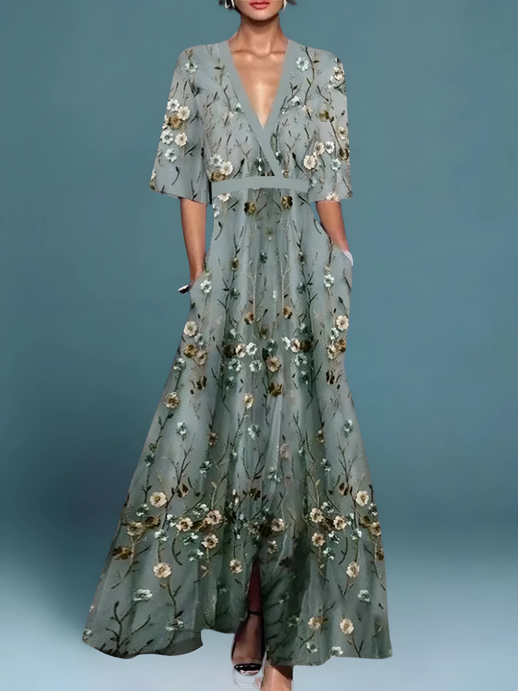 Woman wearing a green floral v-neck elegant dress - studio photo