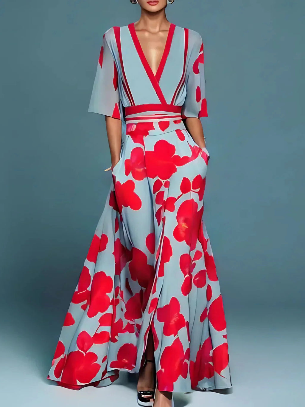 Woman wearing a red floral v-neck elegant dress - studio photo