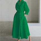 Woman wearing a apricot front wrap collared maxi dress - lifestyle photo