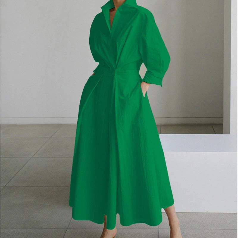 Woman wearing a apricot front wrap collared maxi dress - lifestyle photo