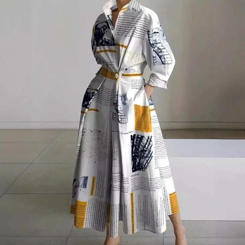 Woman wearing a white front wrap collared maxi dress - lifestyle photo