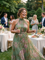 Woman wearing a sage green gathered halter midi dress - editorial style photo