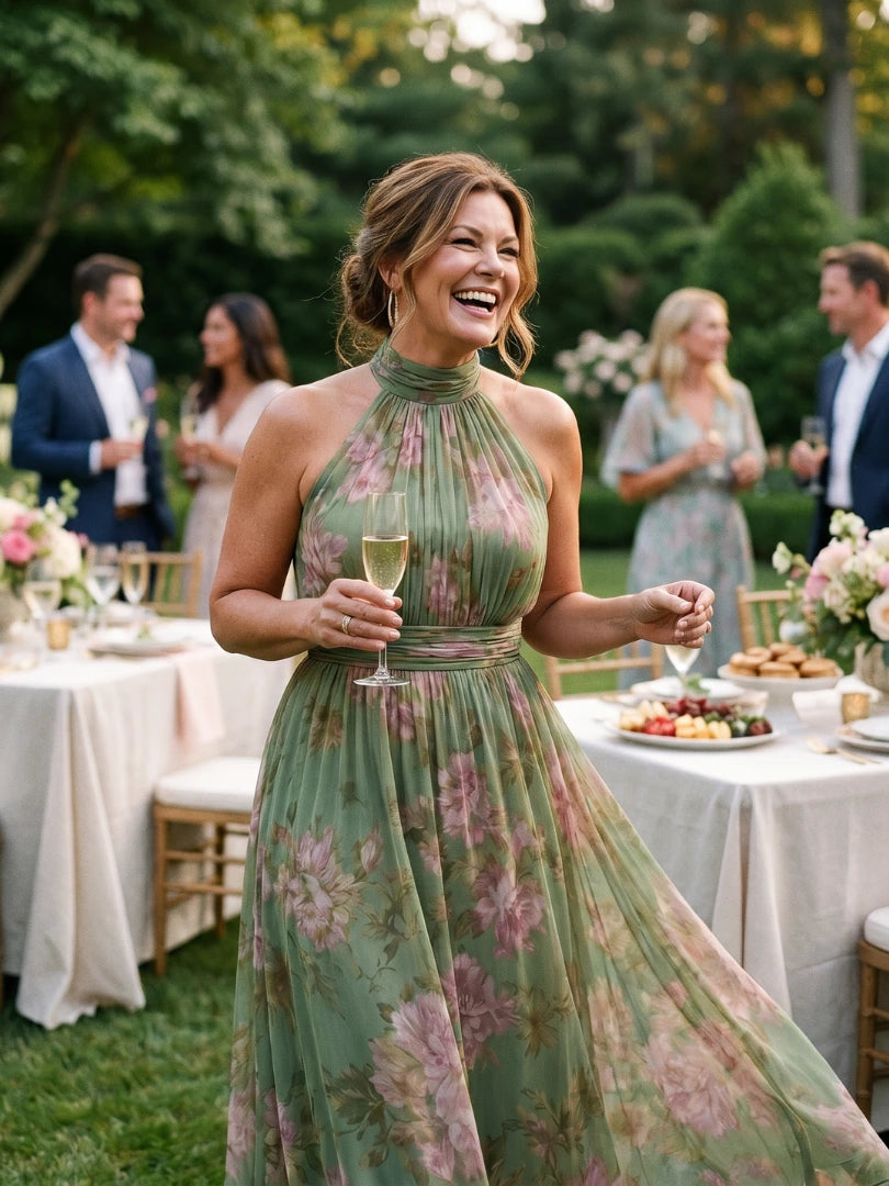 Woman wearing a sage green gathered halter midi dress - editorial style photo