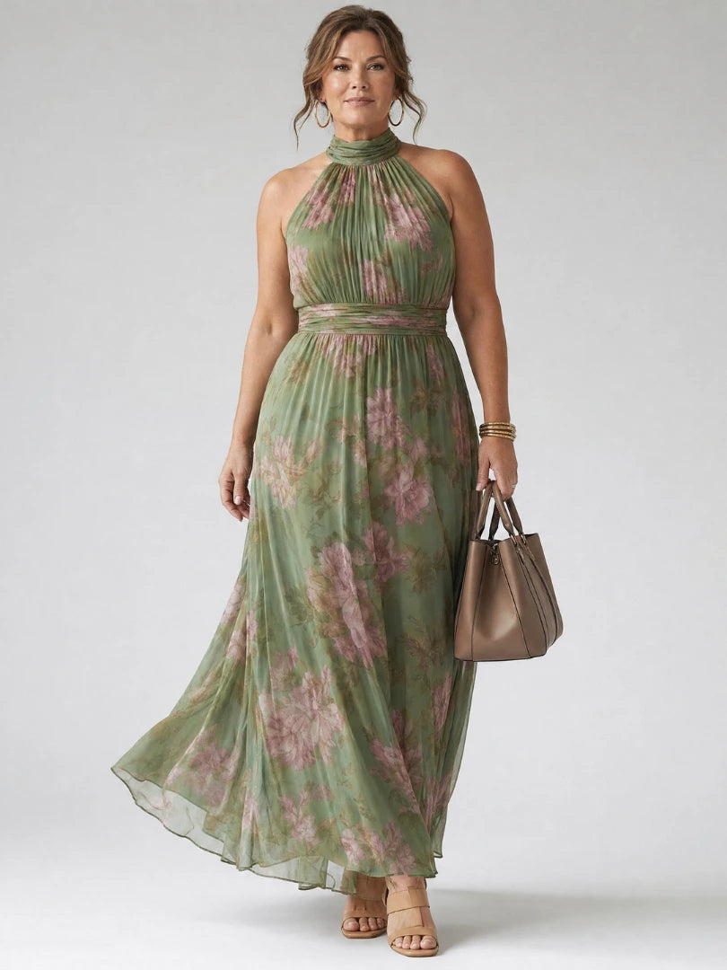 Woman wearing a sage green gathered halter midi dress - editorial style photo