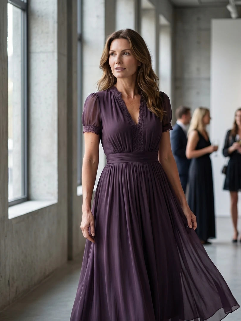 Woman wearing a purple gathered-waist keyhole maxi dress - editorial style photo