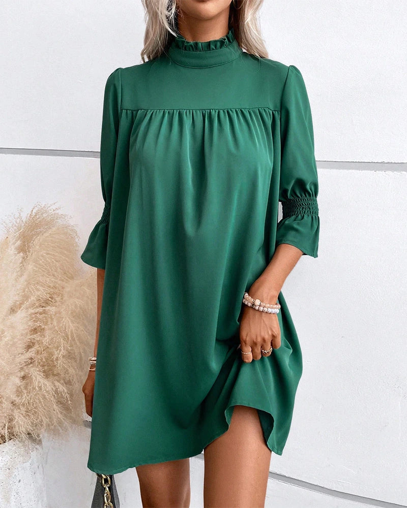 Driftly green high neck mini dress with ruffle sleeves, front view