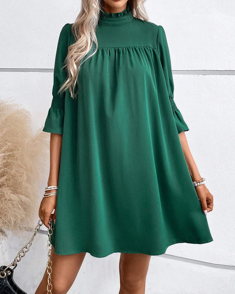 Driftly green high neck mini dress with ruffle sleeves, front detail