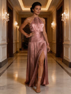 Woman wearing a pink halter neck pleated high slit maxi dress - editorial style photo