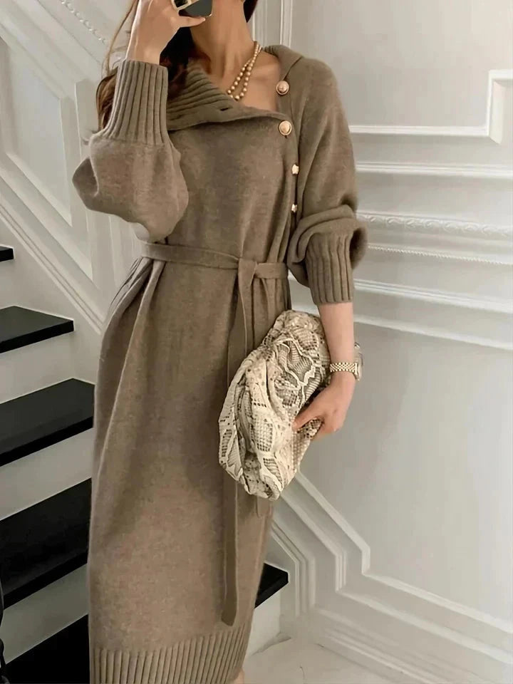 Khaki turtleneck sweater dress with tie waist, front view