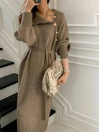 Khaki turtleneck sweater dress with tie waist, front view
