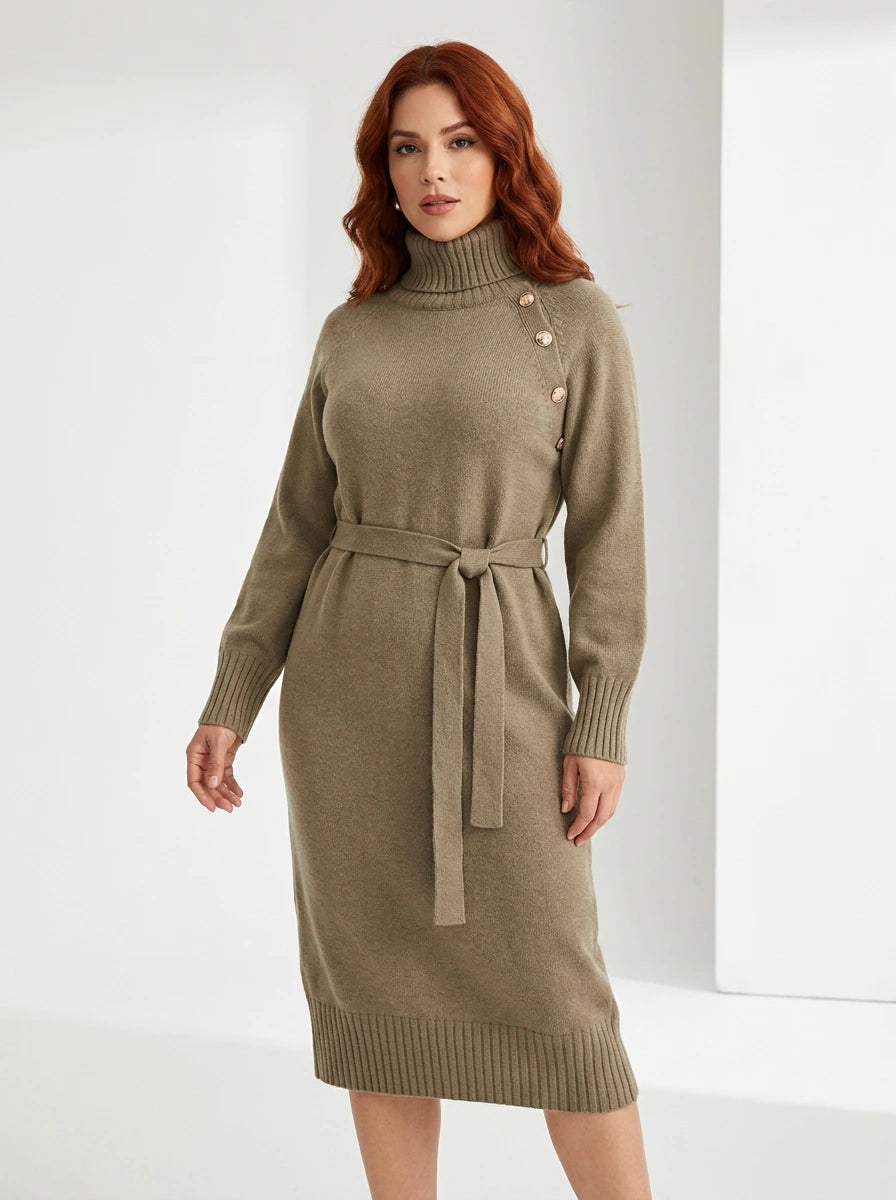 Khaki turtleneck sweater dress with tie waist on model, studio portrait