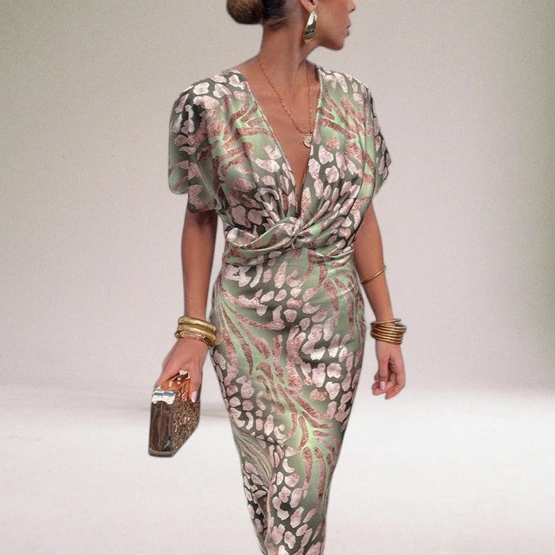 Woman wearing a multicolor knot front midi dress - editorial style photo