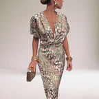 Woman wearing a multicolor knot front midi dress - editorial style photo