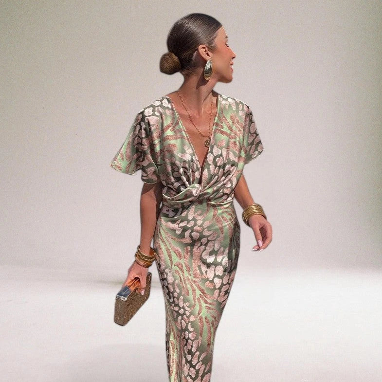 Woman wearing a multicolor knot front midi dress - editorial style photo