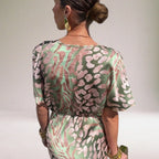 Woman wearing a multicolor knot front midi dress - editorial style photo